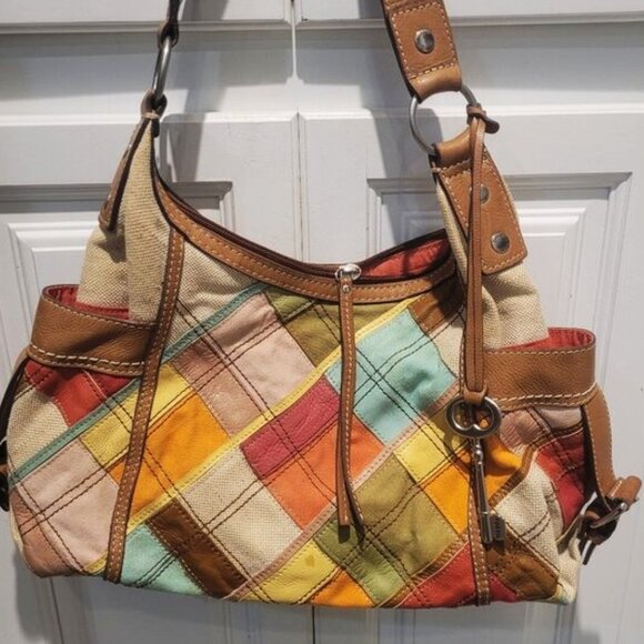 FOSSIL PATCHWORK LEATHER HANDBAG~RARE - Picture 2 of 9